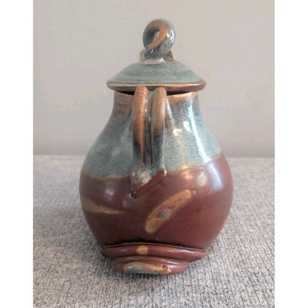 Handmade Rustic Salt Glazed Blue/Brown Pottery Jug with Lid, Signed, 17cm/6" - Picture 8 of 8